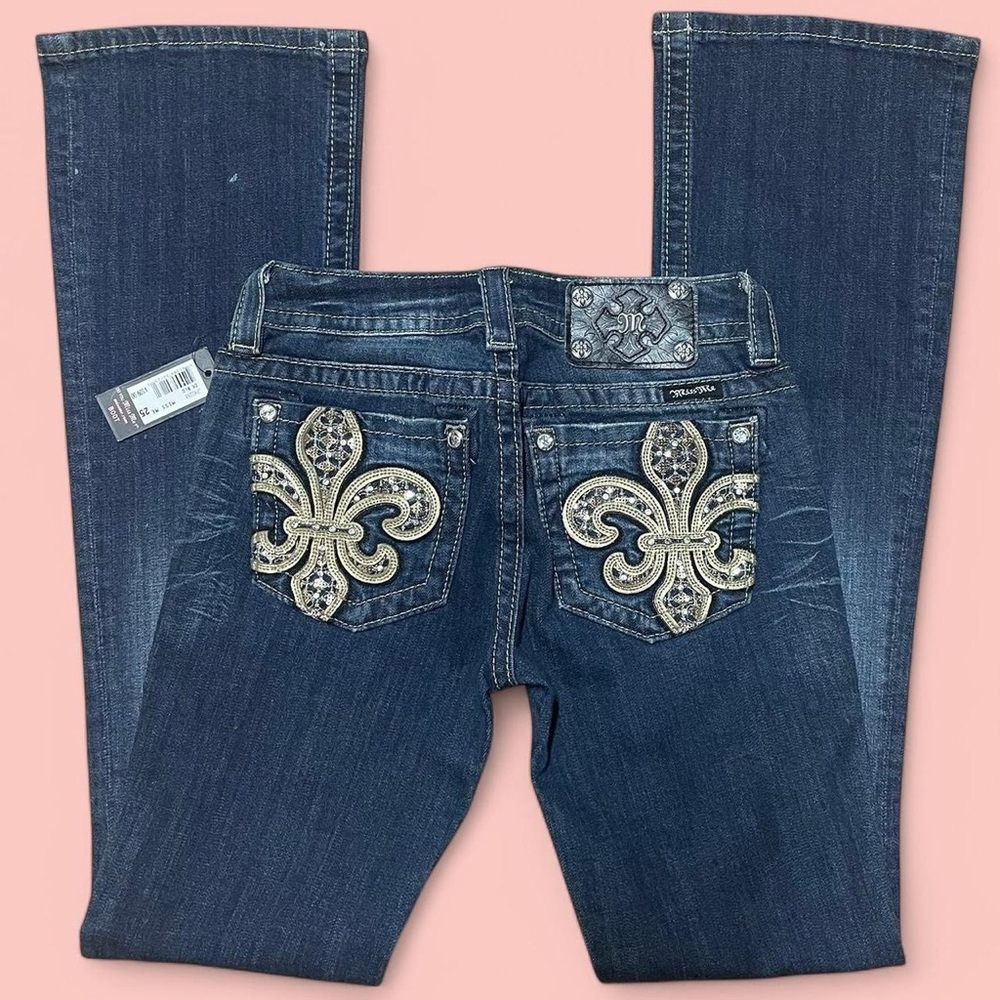 Miss Me blue and gold spade embroidered boot flare jeans